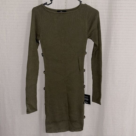 Lulus S Olive Green Boat Neck Ribbed Knit Long Sleeve Mini Sweater Dress - Picture 4 of 11